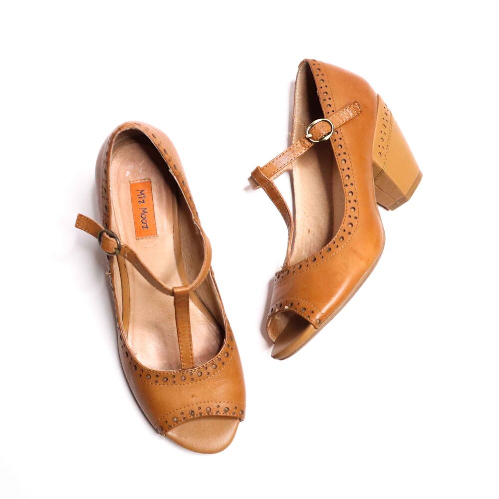 Miz Mooz Tan T-Strap Block Heel Peep Toe Pumps